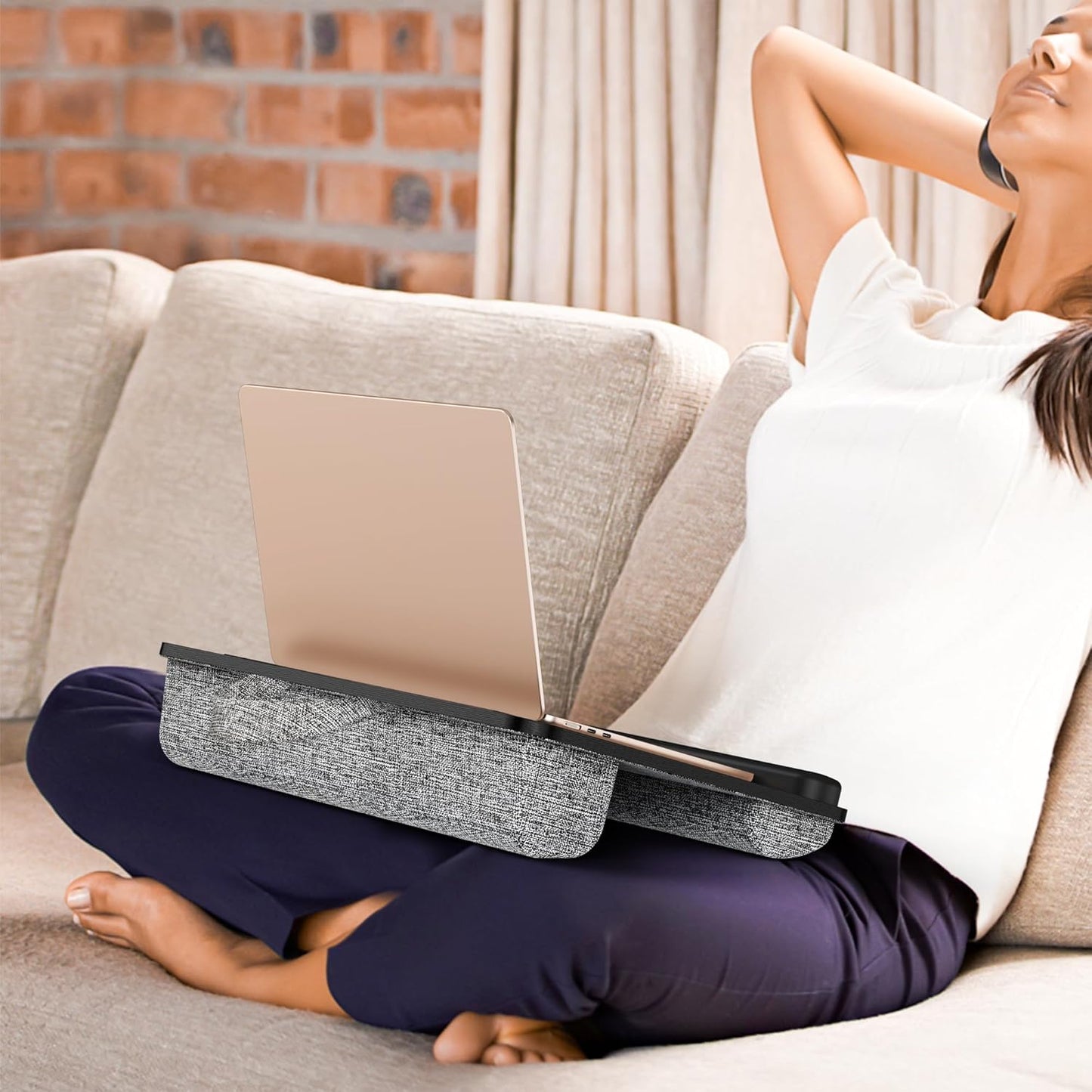 LT08 Laptop Stand, Portable Lap Desk with Pillow Cushion, Fits up to 14 Inch Laptop, with Anti-Slip Strip for Desk, Sofa & Bed, Black and Gray