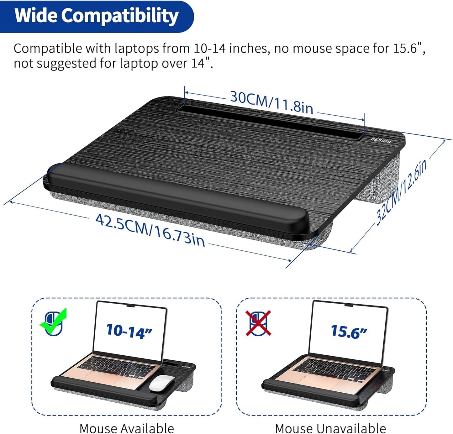 LT08 Laptop Stand, Portable Lap Desk with Pillow Cushion, Fits up to 14 Inch Laptop, with Anti-Slip Strip for Desk, Sofa & Bed, Black and Gray