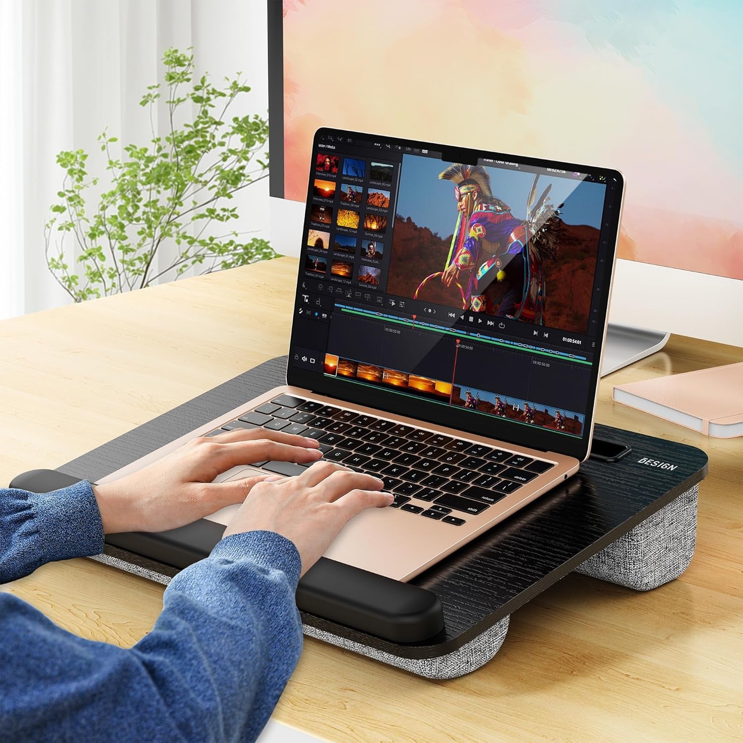 LT08 Laptop Stand, Portable Lap Desk with Pillow Cushion, Fits up to 14 Inch Laptop, with Anti-Slip Strip for Desk, Sofa & Bed, Black and Gray